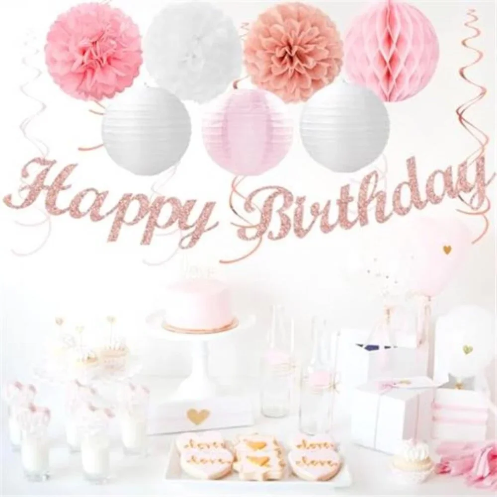 Pink White Rose Gold Birthday Party Decorations Banner Paper Lantern Pom Poms